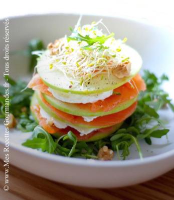 mille feuilles pomme  verte  et truite fumé