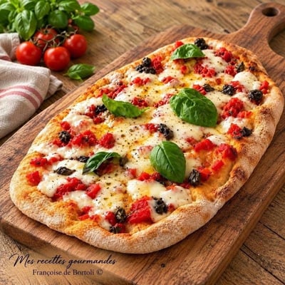 Pinsa romana a la tomate mozzarella olives noires et basilic